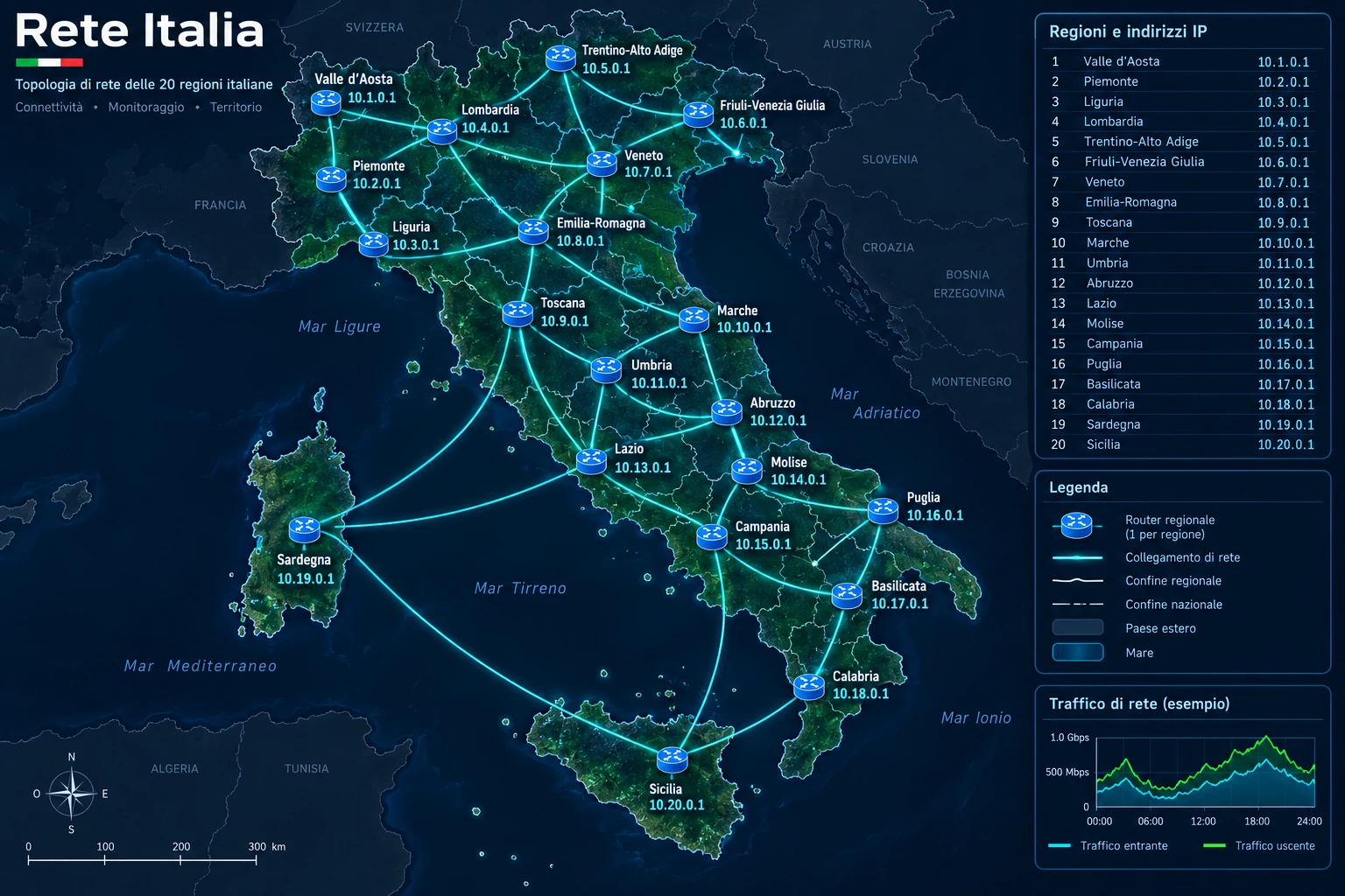 Mappa illustrativa dell’Italia con router regionali collegati e indirizzi IP privati di esempio